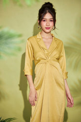 Silk Twill Midi Dress with Draped Knot Detail and Lapel Collar